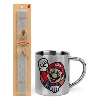 Super mario win, Πασχαλινή Λαμπάδα με μεταλλική κούπα θερμό (300ml) & κερί αρωματικό πλακέ (30cm) (ΓΚΡΙ)