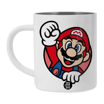 Super mario win, Λευκή Ανοξείδωτη Μεταλλική Κούπα 450ml - Διπλού Τοιχώματος 