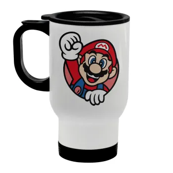 Super mario win, Stainless steel travel mug with lid, double wall white 450ml