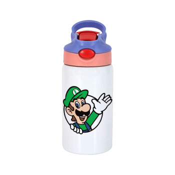 Super mario Luigi win, Παιδικό παγούρι θερμό, ανοξείδωτο, με καλαμάκι ασφαλείας, ροζ/μωβ (350ml)