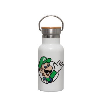 Super mario Luigi win, Metallic thermos (Stainless steel) White with wooden lid (bamboo), double-walled, 350ml