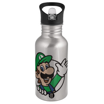 Super mario Luigi win, Water bottle Silver with straw, stainless steel 500ml