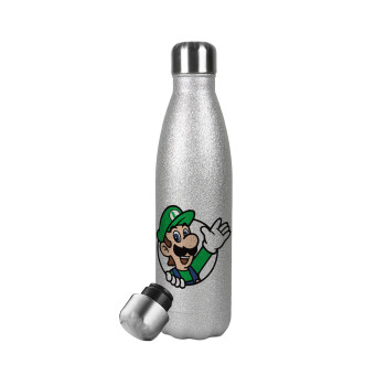 Super mario Luigi win, Metallic Glitter Silver Thermos Flask (Stainless steel), double-walled, 500ml