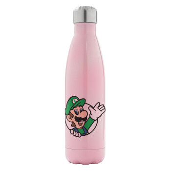 Super mario Luigi win, Metal mug thermos Pink Iridiscent (Stainless steel), double wall, 500ml