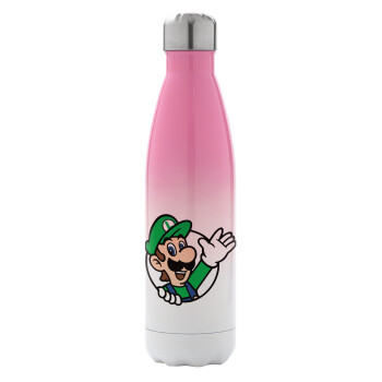 Super mario Luigi win, Μεταλλικό παγούρι θερμός Ροζ/Λευκό (Stainless steel), διπλού τοιχώματος, 500ml