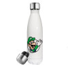 Super mario Luigi win, Μεταλλικό παγούρι θερμός Λευκό (Stainless steel), διπλού τοιχώματος, 500ml