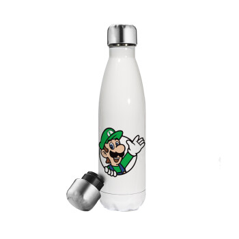 Super mario Luigi win, Μεταλλικό παγούρι θερμός Λευκό (Stainless steel), διπλού τοιχώματος, 500ml