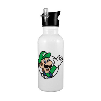 Super mario Luigi win, White water bottle with straw, stainless steel 600ml