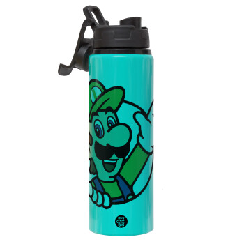 Super mario Luigi win, Metallic water bottle with safety lid, 850ml aluminum