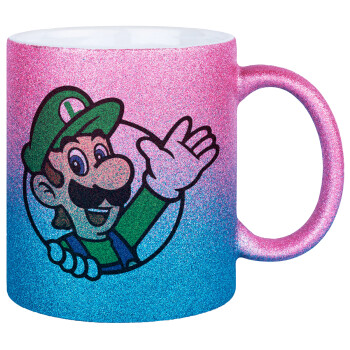 Super mario Luigi win, Κούπα Χρυσή/Μπλε Glitter, κεραμική, 330ml