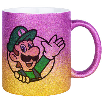Super mario Luigi win, Κούπα Χρυσή/Ροζ Glitter, κεραμική, 330ml