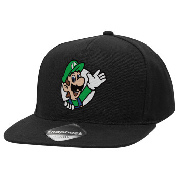 Super mario Luigi win, Καπέλο Ενηλίκων Flat Snapback Μαύρο, (100% ΒΑΜΒΑΚΕΡΟ TWILL, ΕΝΗΛΙΚΩΝ, UNISEX, ONE SIZE)
