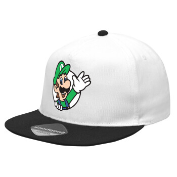 Super mario Luigi win, Καπέλο Ενηλίκων Flat Snapback Λευκό/Μαύρο, (POLYESTER, ΕΝΗΛΙΚΩΝ, UNISEX, ONE SIZE)
