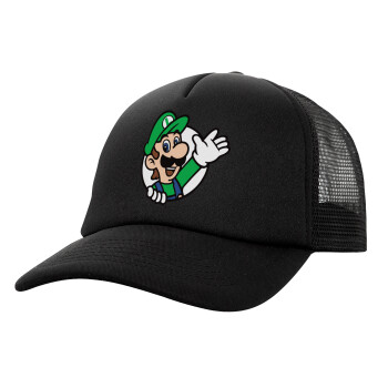 Super mario Luigi win, Καπέλο Ενηλίκων Soft Trucker με Δίχτυ Μαύρο (POLYESTER, ΕΝΗΛΙΚΩΝ, UNISEX, ONE SIZE)