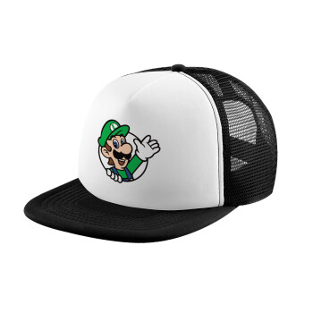 Super mario Luigi win, Καπέλο παιδικό Soft Trucker με Δίχτυ Black/White 