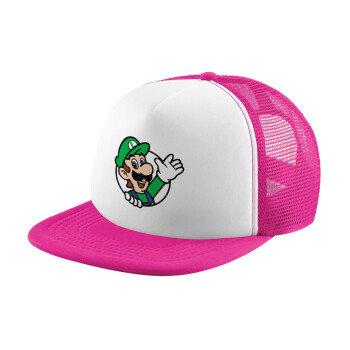 Super mario Luigi win, Καπέλο παιδικό Soft Trucker με Δίχτυ Pink/White 