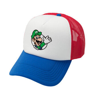 Super mario Luigi win, Καπέλο Ενηλίκων Soft Trucker με Δίχτυ Red/Blue/White (POLYESTER, ΕΝΗΛΙΚΩΝ, UNISEX, ONE SIZE)