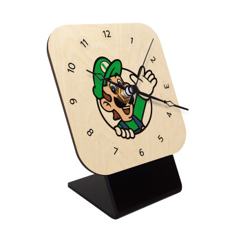 Super mario Luigi win, Quartz Table clock in natural wood (10cm)