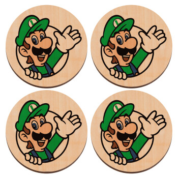 Super mario Luigi win, ΣΕΤ x4 Σουβέρ ξύλινα στρογγυλά plywood (9cm)