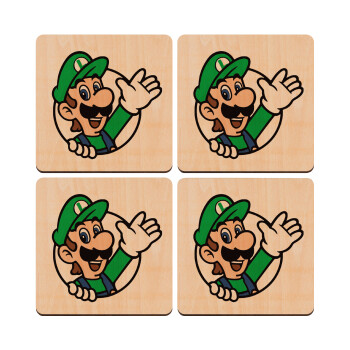 Super mario Luigi win, ΣΕΤ x4 Σουβέρ ξύλινα τετράγωνα plywood (9cm)