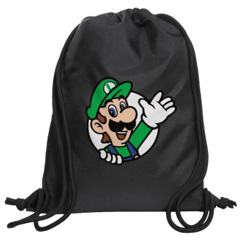 Super mario Luigi win, Τσάντα πλάτης πουγκί GYMBAG Μαύρη, με τσέπη (40x48cm) & χονδρά κορδόνια