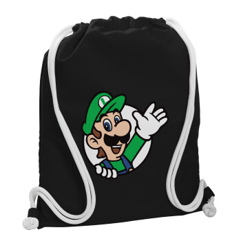 Super mario Luigi win, Τσάντα πλάτης πουγκί GYMBAG Μαύρη, με τσέπη (40x48cm) & χονδρά λευκά κορδόνια