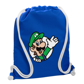 Super mario Luigi win, Τσάντα πλάτης πουγκί GYMBAG Μπλε, με τσέπη (40x48cm) & χονδρά κορδόνια