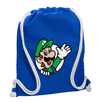 Super mario Luigi win, Backpack pouch GYMBAG Blue, with pocket (40x48cm) & thick cords
