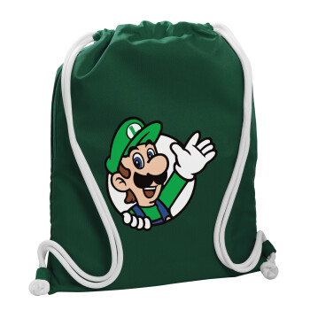Super mario Luigi win, Τσάντα πλάτης πουγκί GYMBAG BOTTLE GREEN, με τσέπη (40x48cm) & χονδρά λευκά κορδόνια