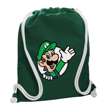Super mario Luigi win, Backpack pouch GYMBAG BOTTLE GREEN, with pocket (40x48cm) & thick white cords