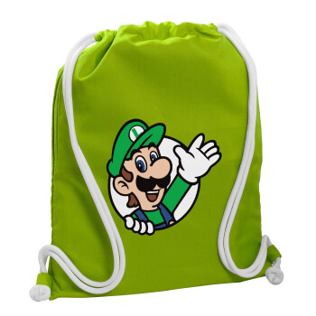 Super mario Luigi win, Τσάντα πλάτης πουγκί GYMBAG LIME GREEN, με τσέπη (40x48cm) & χονδρά κορδόνια