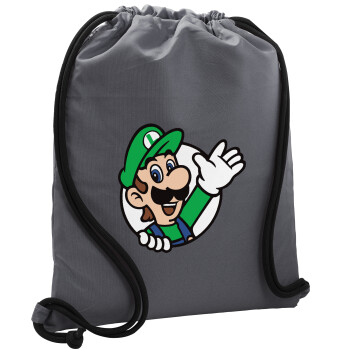 Super mario Luigi win, Τσάντα πλάτης πουγκί GYMBAG ΓΚΡΙ, με τσέπη (40x48cm) & χονδρά κορδόνια