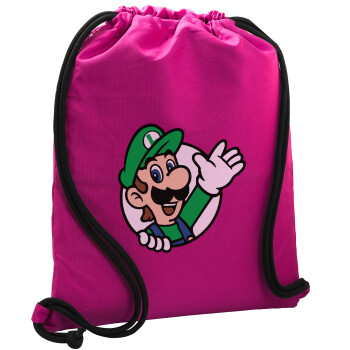 Super mario Luigi win, Τσάντα πλάτης πουγκί GYMBAG Φούξια, με τσέπη (40x48cm) & χονδρά κορδόνια