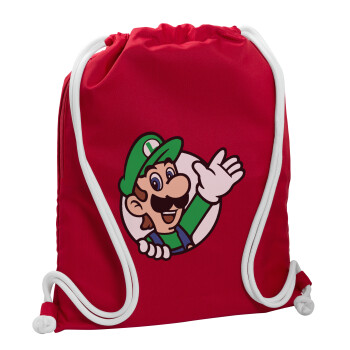 Super mario Luigi win, Τσάντα πλάτης πουγκί GYMBAG Κόκκινη, με τσέπη (40x48cm) & χονδρά κορδόνια