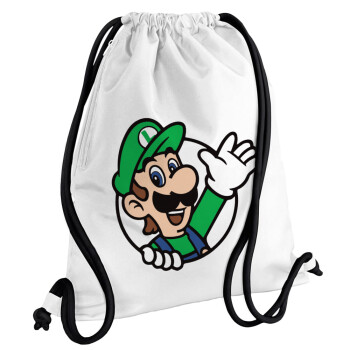 Super mario Luigi win, Τσάντα πλάτης πουγκί GYMBAG λευκή, με τσέπη (40x48cm) & χονδρά κορδόνια
