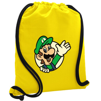 Super mario Luigi win, Τσάντα πλάτης πουγκί GYMBAG Κίτρινη, με τσέπη (40x48cm) & χονδρά κορδόνια