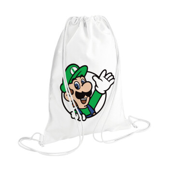 Super mario Luigi win, Τσάντα πλάτης πουγκί GYMBAG λευκή (28x40cm)