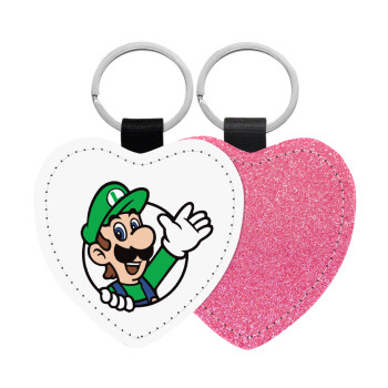 Super mario Luigi win, Μπρελόκ PU δερμάτινο glitter καρδιά ΡΟΖ