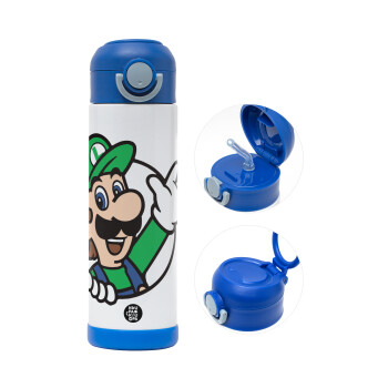 Super mario Luigi win, Children's hot water bottle, stainless steel, with safety straw, BLUE (500ml)