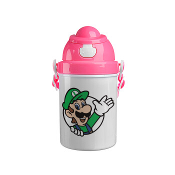 Super mario Luigi win, Ροζ παιδικό παγούρι πλαστικό (BPA-FREE) με καπάκι ασφαλείας, κορδόνι και καλαμάκι, 400ml