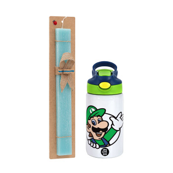 Super mario Luigi win, Πασχαλινό Σετ, Παιδικό παγούρι θερμό, ανοξείδωτο, με καλαμάκι ασφαλείας, πράσινο/μπλε (350ml) & πασχαλινή λαμπάδα αρωματική πλακέ (30cm) (ΤΙΡΚΟΥΑΖ)