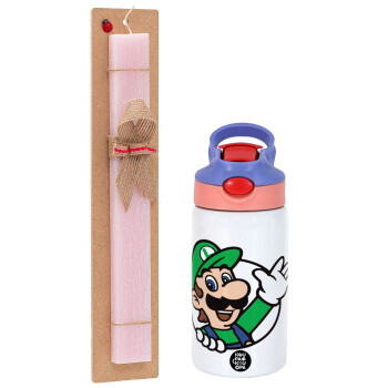 Super mario Luigi win, Πασχαλινό Σετ, Παιδικό παγούρι θερμό, ανοξείδωτο, με καλαμάκι ασφαλείας, ροζ/μωβ (350ml) & πασχαλινή λαμπάδα αρωματική πλακέ (30cm) (ΡΟΖ)