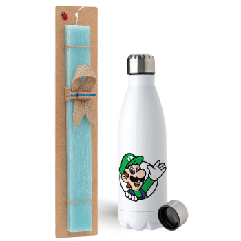 Super mario Luigi win, Easter Set, metallic stainless steel water bottle (750ml) & aromatic flat Easter candle (30cm) (TURQUOISE)