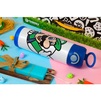 Super mario Luigi win, Easter candle, Childrens hot water bottle, stainless steel, with safety straw, BLUE (500ml)