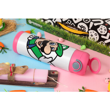 Super mario Luigi win, Easter candle, Childrens hot water bottle, stainless steel, with safety straw, PINK (500ml)