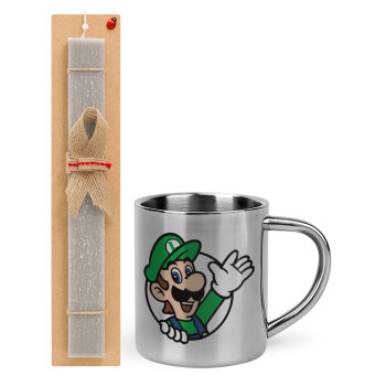 Super mario Luigi win, Easter Set, metallic thermal cup (300ml) & Easter aromatic flat candle (30cm) (GRAY)