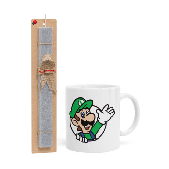 Super mario Luigi win, Easter Set, Ceramic Cup (330ml) & Easter aromatic flat candle (30cm) (GRAY)