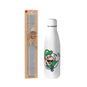 Super mario Luigi win, Easter Set, metallic stainless thermos bottle (500ml) & scented flat Easter candle (30cm) (GRAY)