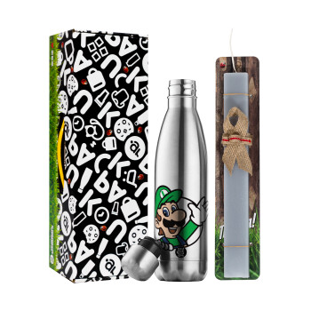 Super mario Luigi win, Easter Set, metallic stainless thermos flask (500ml) & scented flat Easter candle (30cm) (GRAY)