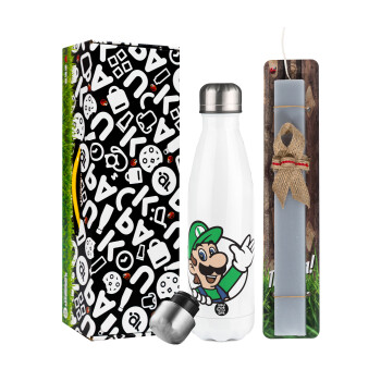 Super mario Luigi win, Easter candle, metallic white thermos bottle (500ml) & aromatic flat candle (30cm) (GRAY)